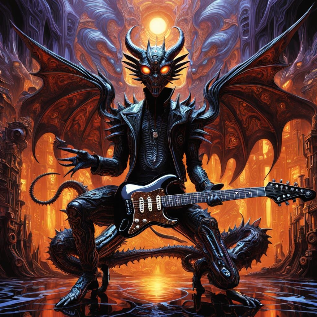 Whimsical Goth Dragon Hybrid in Vibrant Fractal Landscape