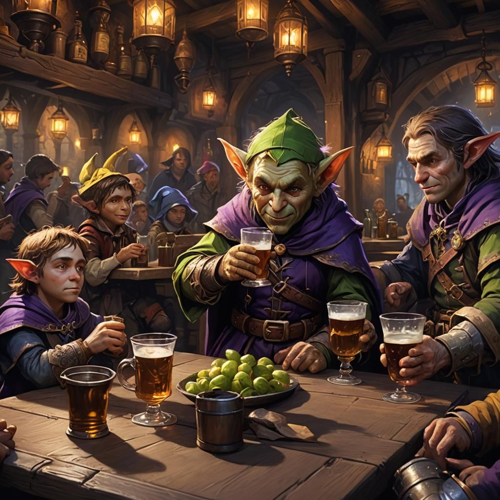 Tavern Scene with Halfling, Elf, and Goblin in Art Nouveau S...