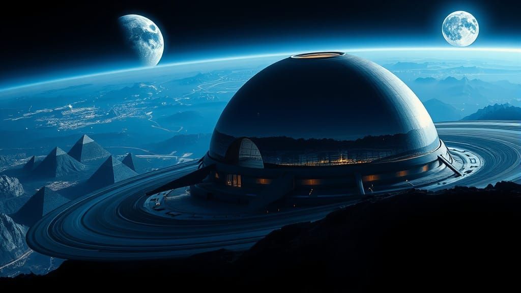 Majestic Futuristic Dome on Saturn with Earthly Panorama