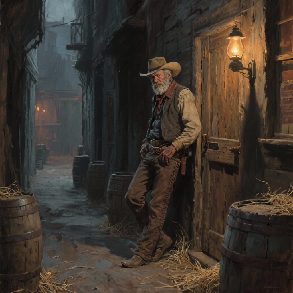 Grizzled Cowboy in Dimly Lit Saloon Alley
