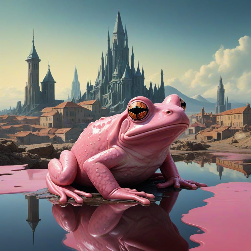 Surreal Pink Frog Melts Cityscape in Dreamlike Scene