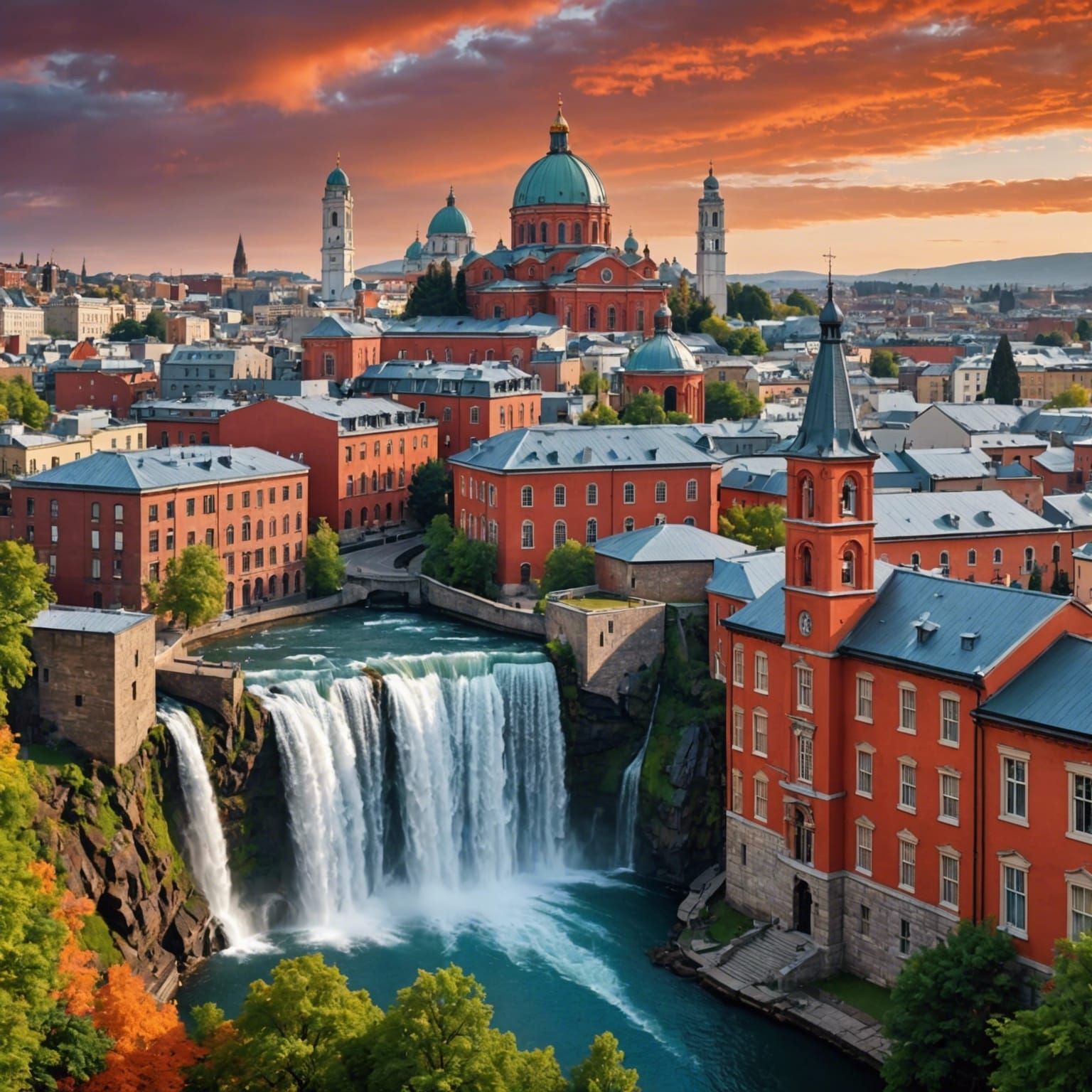 Vibrant Cityscape with Waterfall and Architectural Diversity