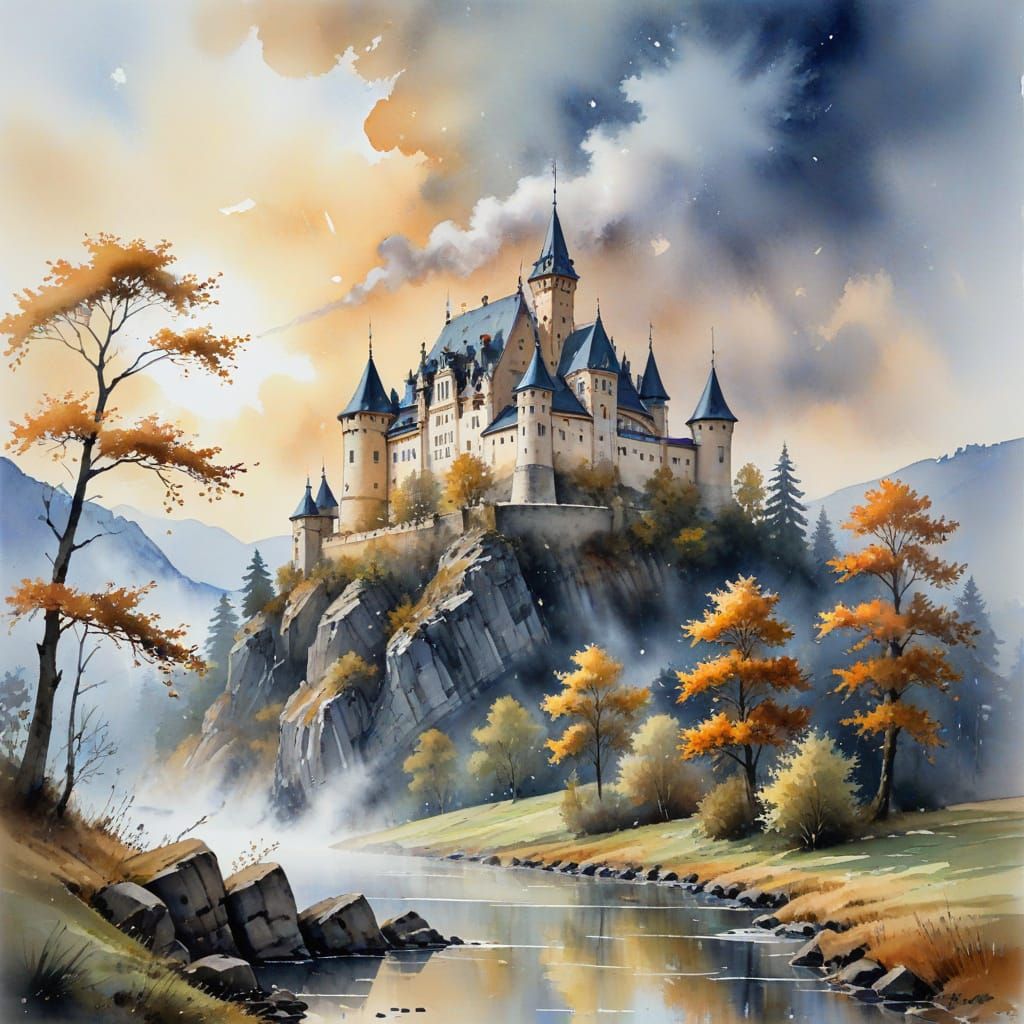 Epic Watercolor Castle with Knights in Battle