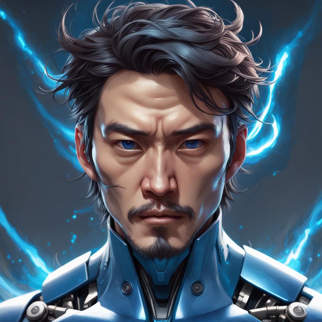 Furious Asian Man Fused with Blue Energy