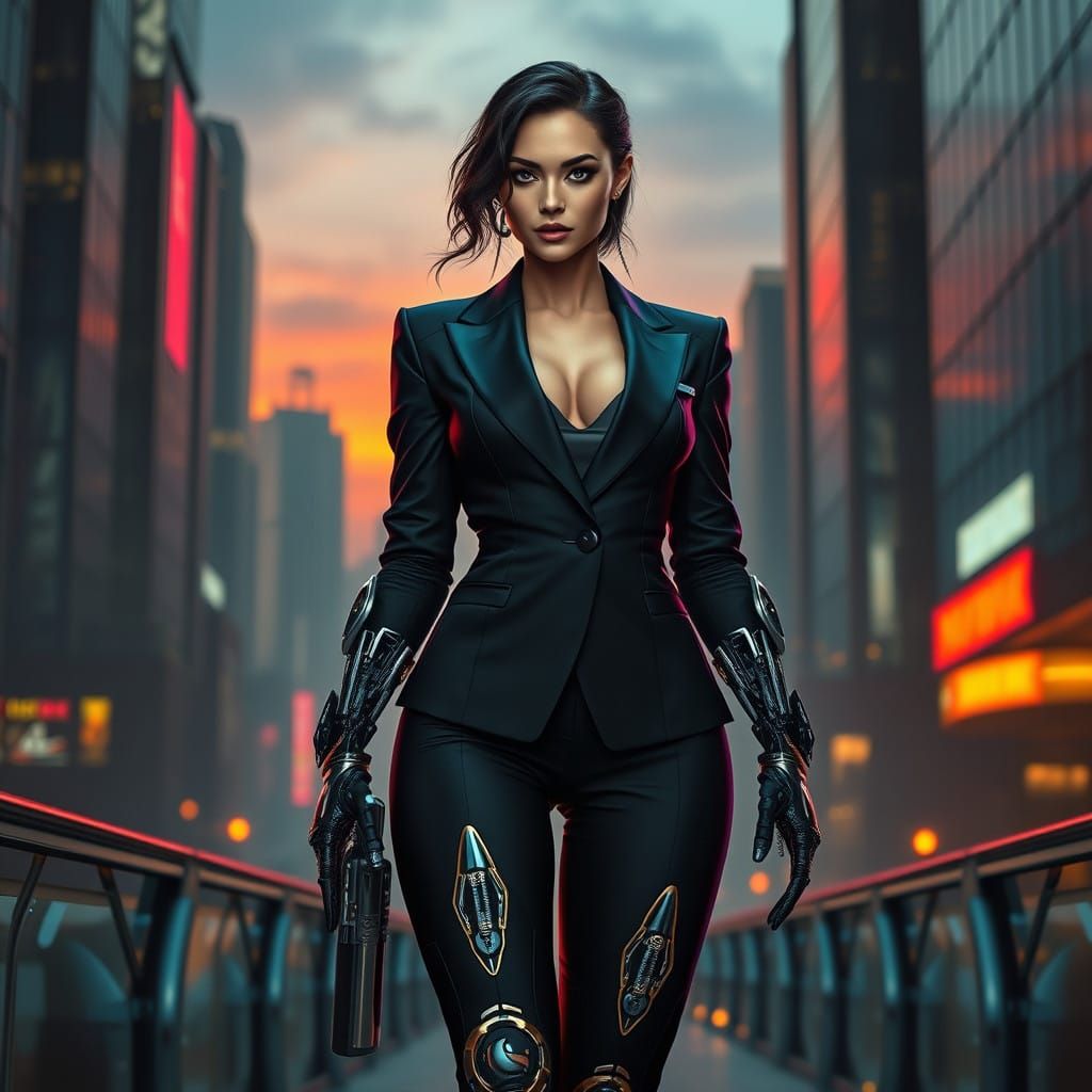 Confident Cybernetic Mafia Boss in Futuristic Cityscape