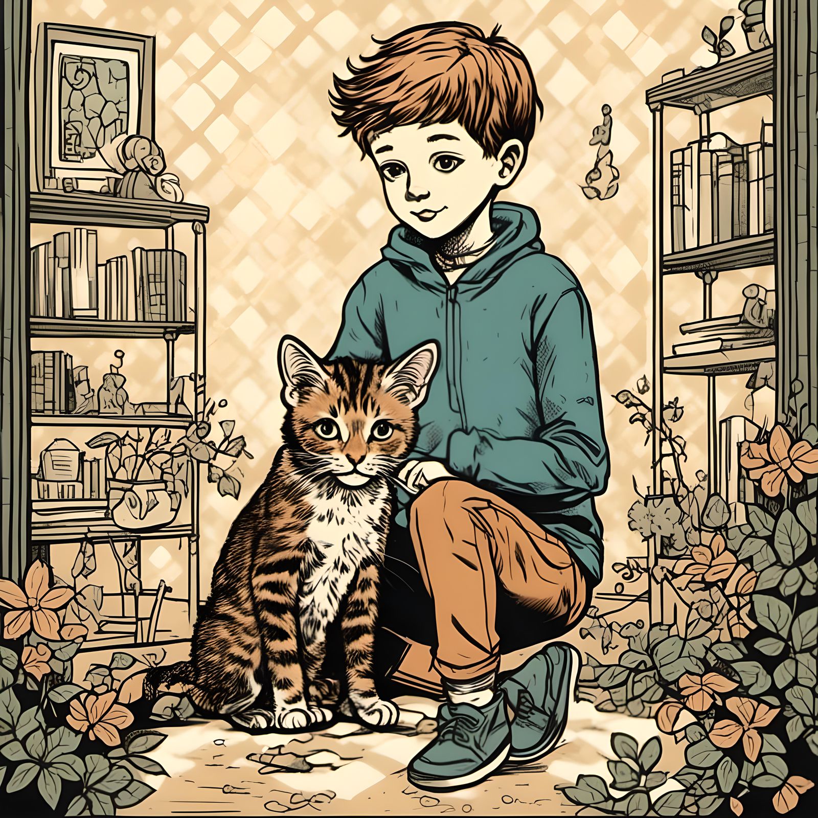 Boy and Cat in Comic Book Style