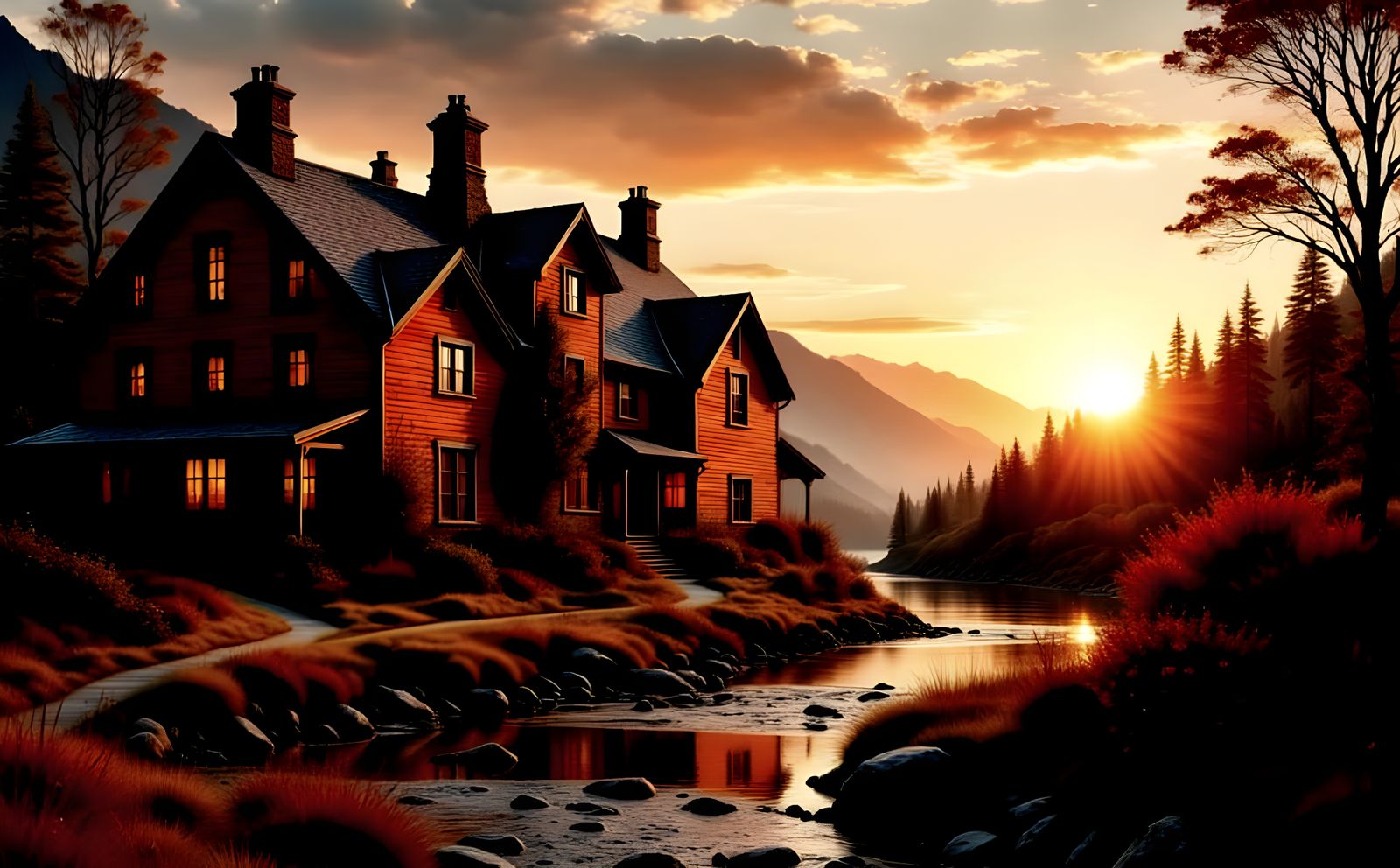 The red brick  palace  on the stream in the mountains i