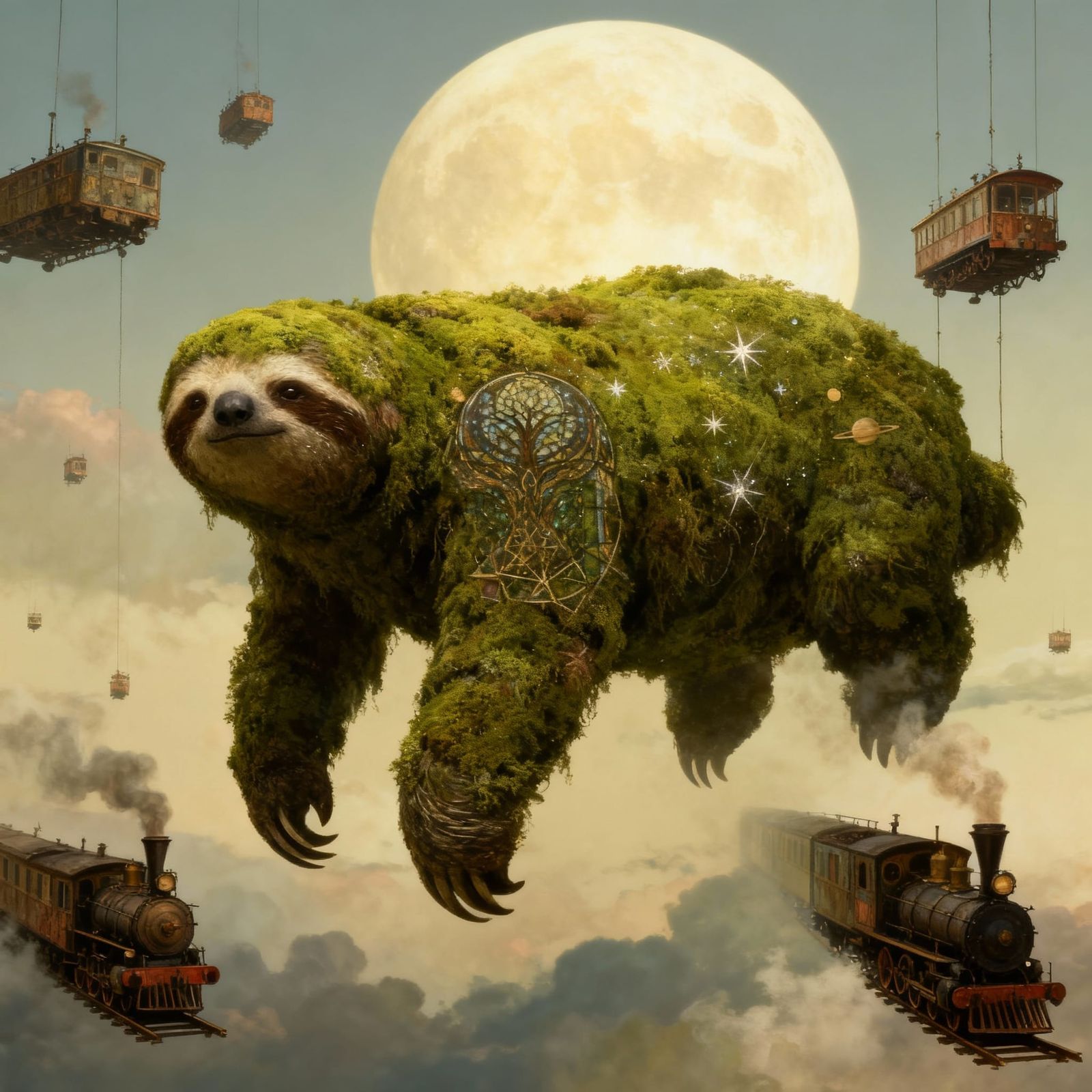 Surreal Sloth Floats Among Sky Trains in Digital Painting