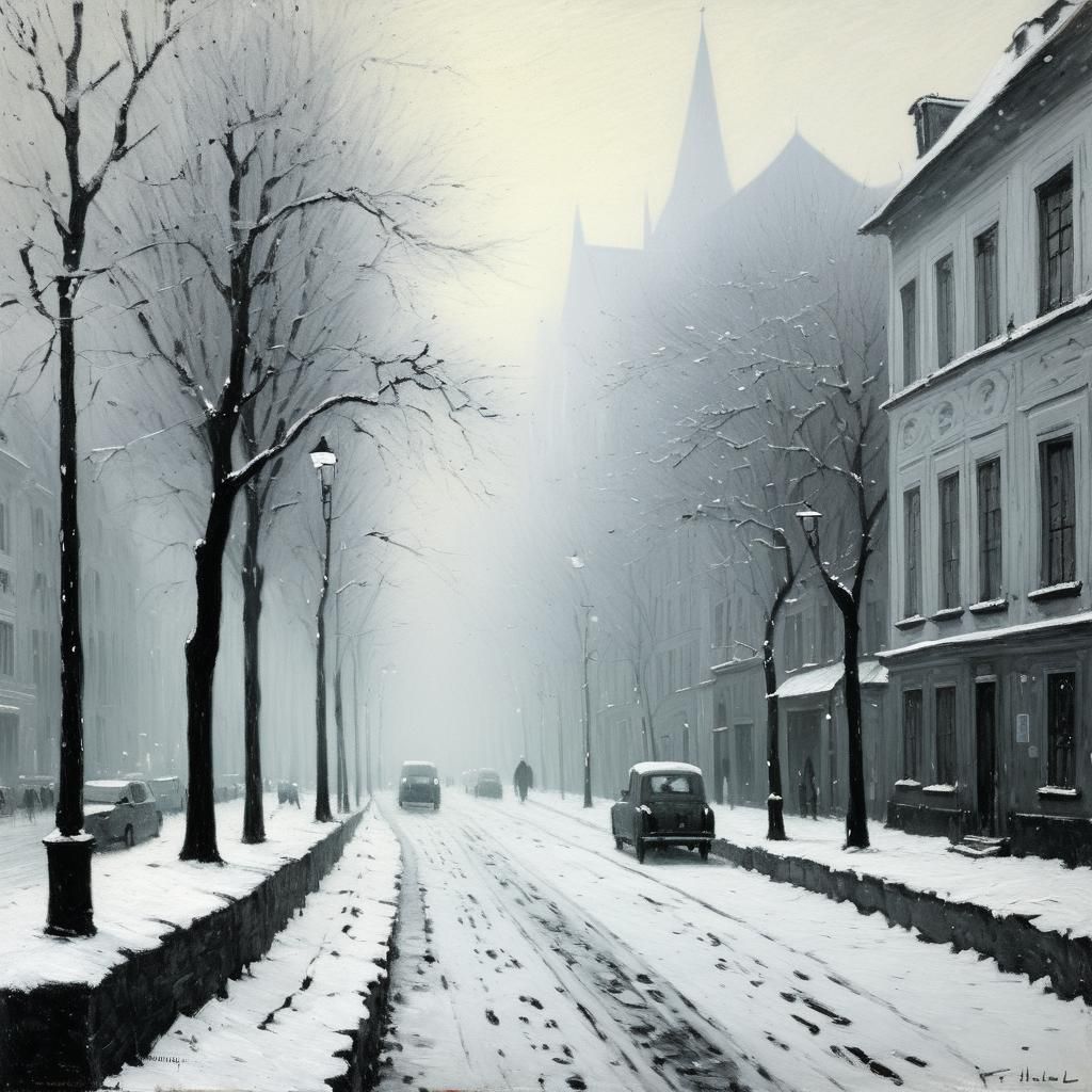 Foggy Winter Cityscape in Monochrome Oil Painting Style