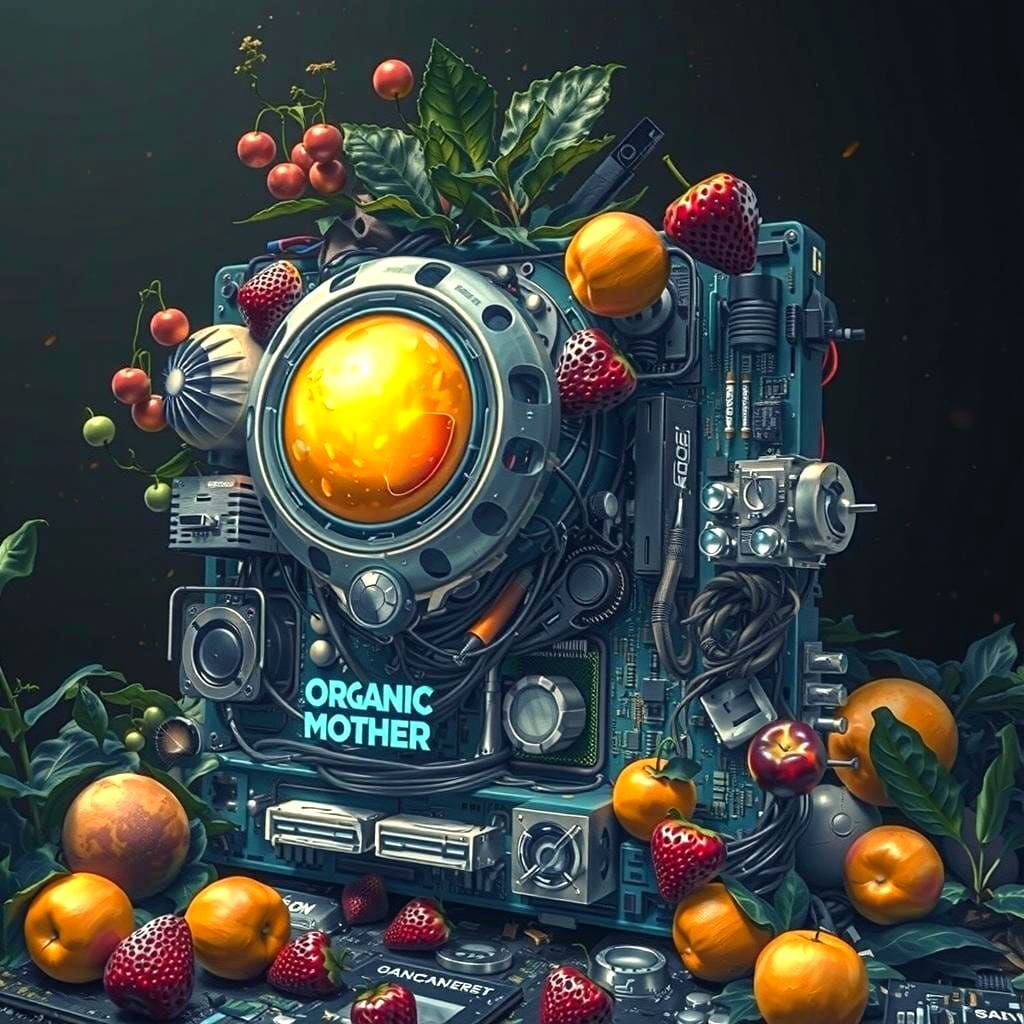 Organic Motherboard with Cyborg and Fruits
