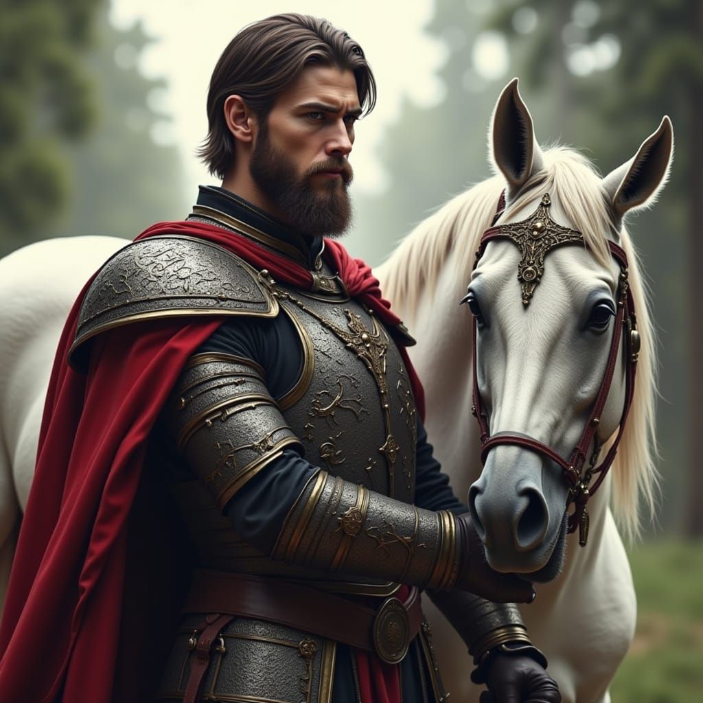 Medieval Knight and White Horse in Photorealistic Fantasy St...