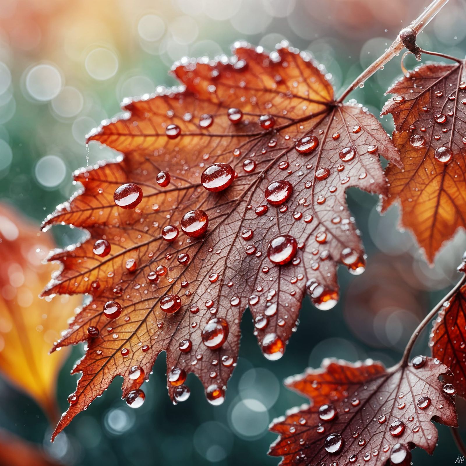 Autumn Leaf Dewdrops: Watercolor Macro in 8K