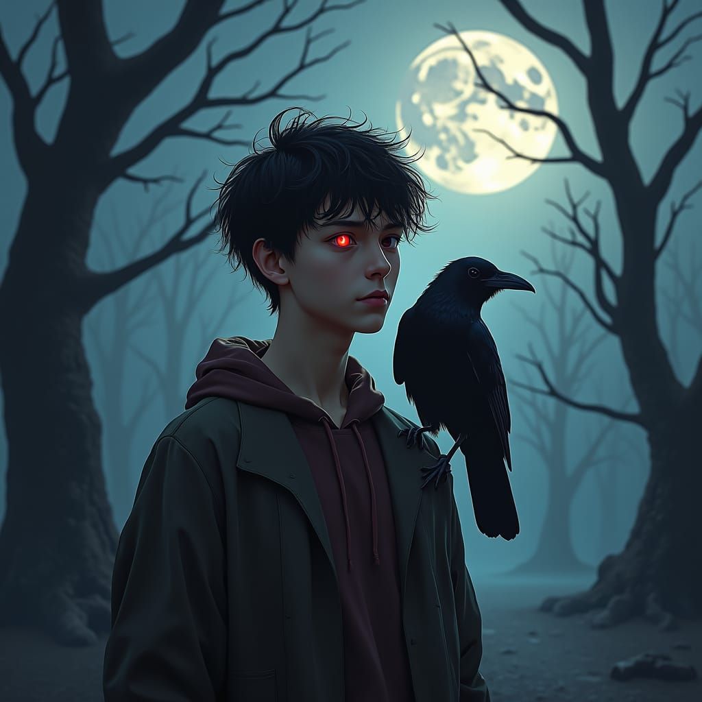 Mystical Young Man in Eerie, Dark Ambiance