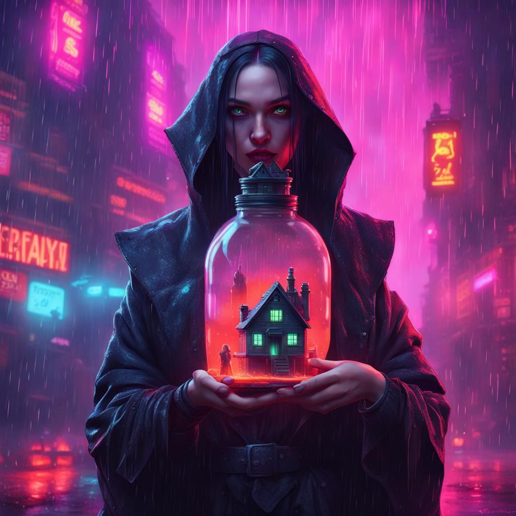 Raven Witch Holding House in Bottle, Cyberpunk Art