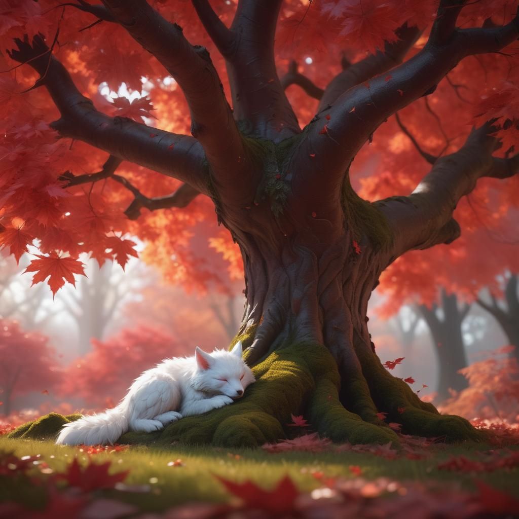 Fluffy Creature Sleeps Under Maple Tree