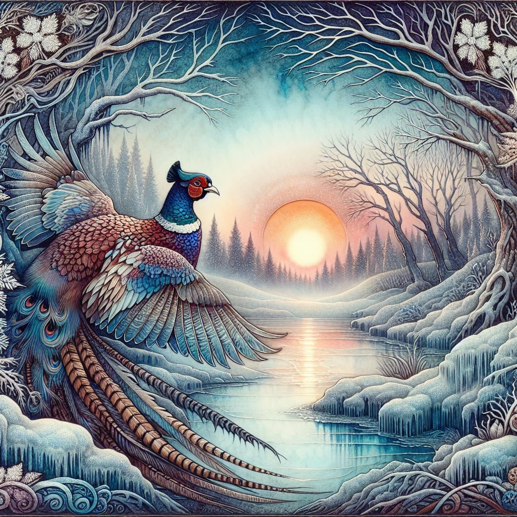 Whimsical Winter Pheasant in Vintage-Inspired Style
