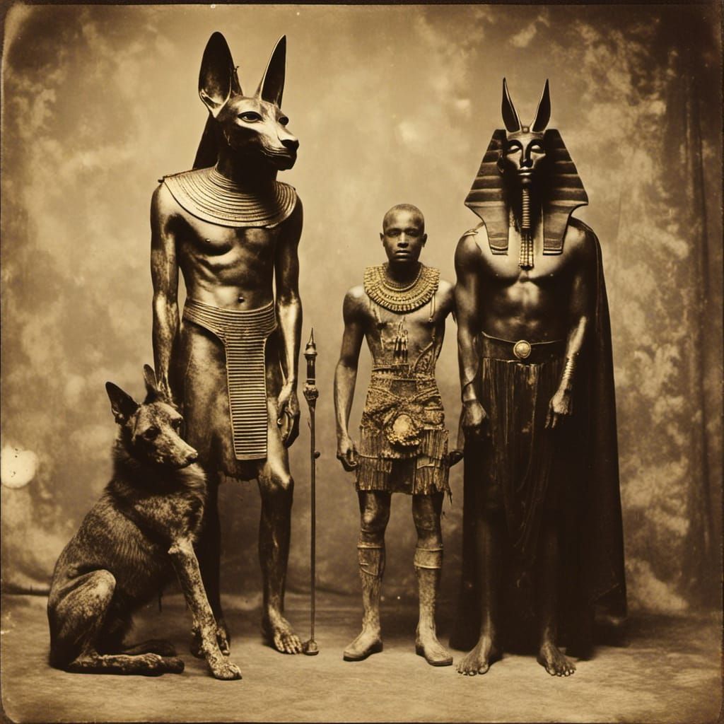 Golden Pharaoh and Anubis-God in Vintage Photography Style