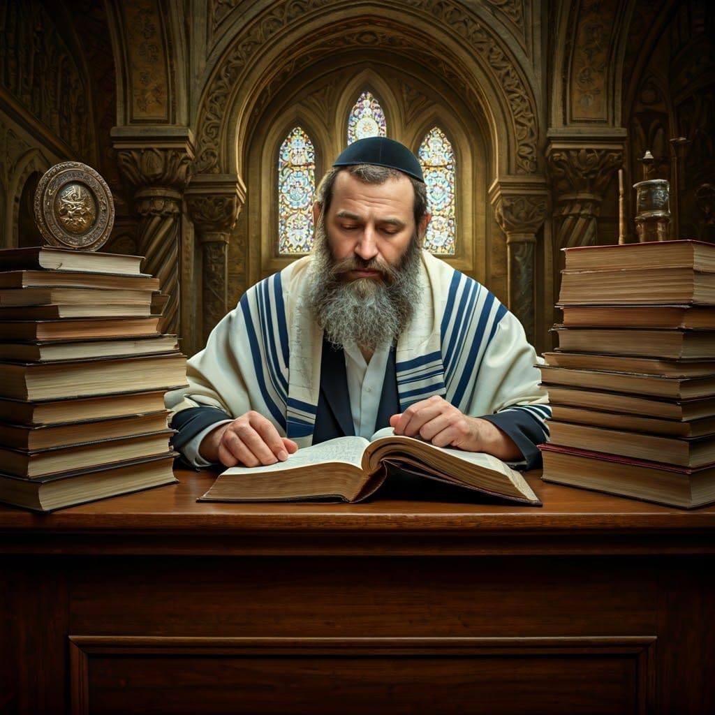 Jewish Scholar Studying in a Dreamlike Synagogue
