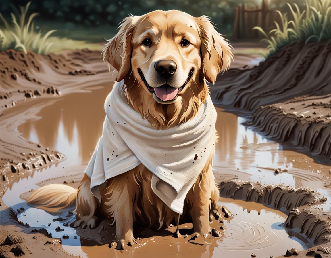 Cheerful Golden Retriever Delights in Muddy Puddle Adventure