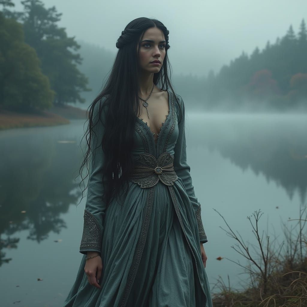 Medieval Woman Amidst Misty Waters
