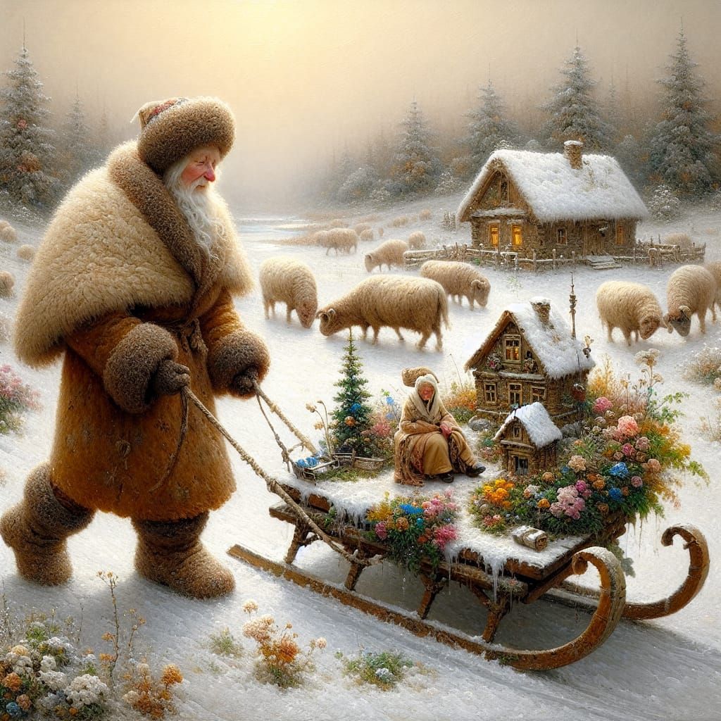 Elderly Couple on a Winter Sled Ride through a Mystical Summ...