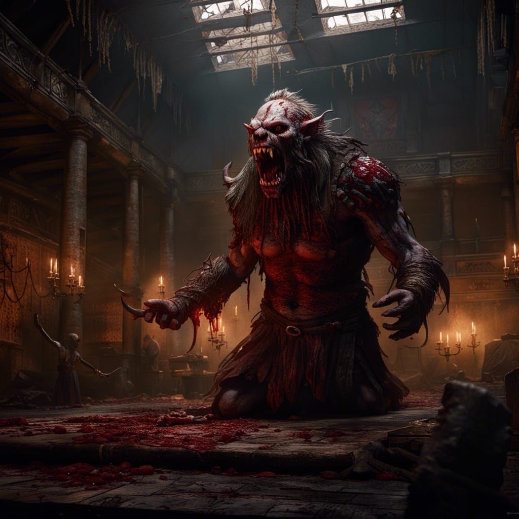 Grendel Roars in Nordic Hall: Dark Fantasy Art