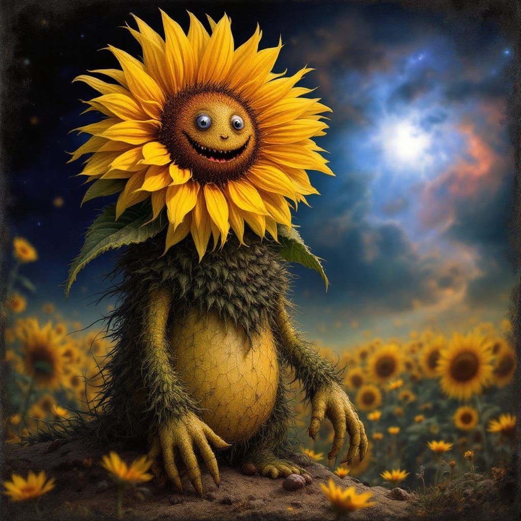 Sunflower Monster in Folk Art Style