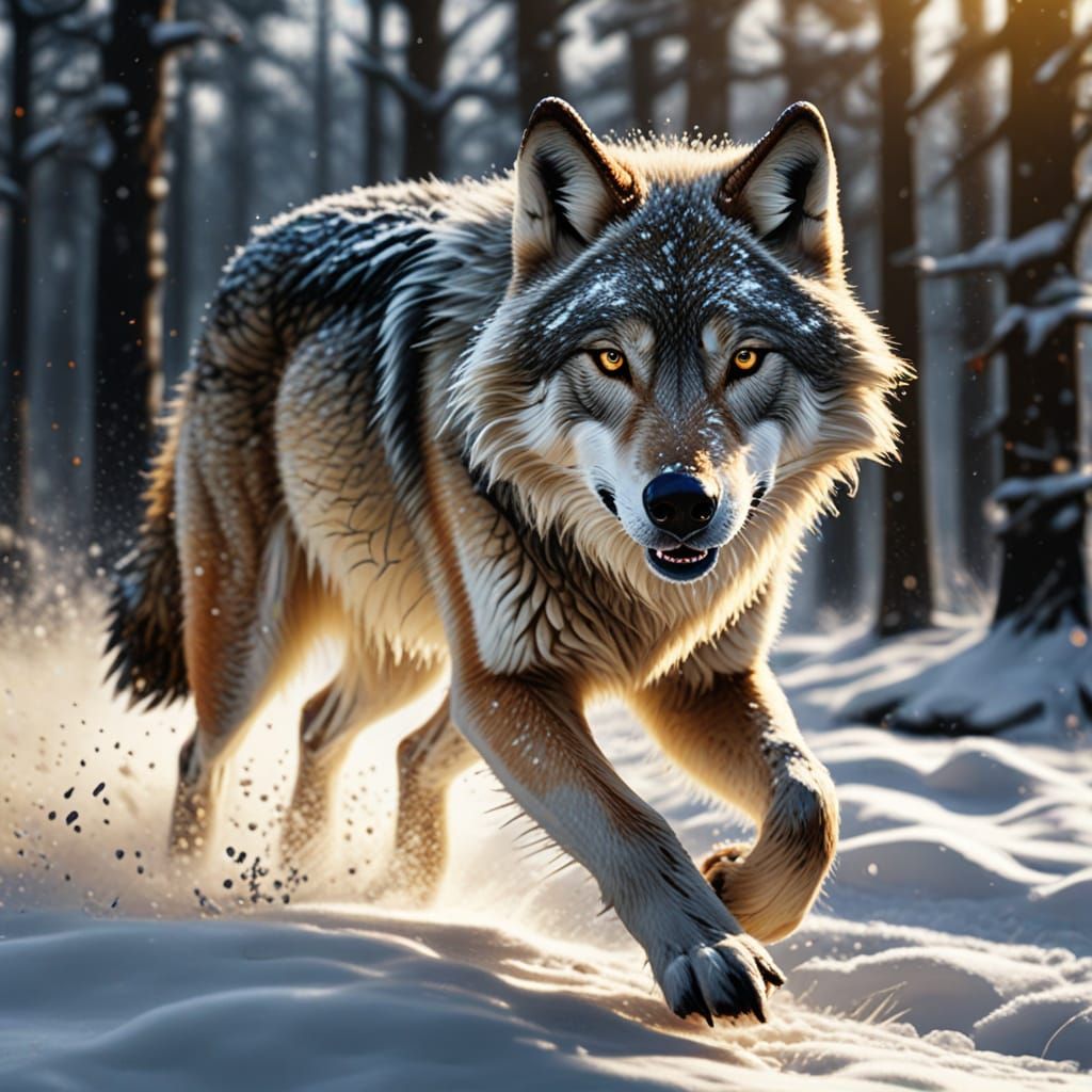 Wolf Running in Snow, Hyper-Realistic Oil Painting