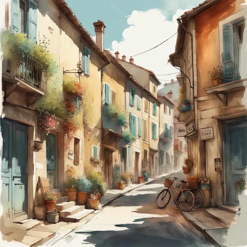 Provence Street Scene in Watercolor Style