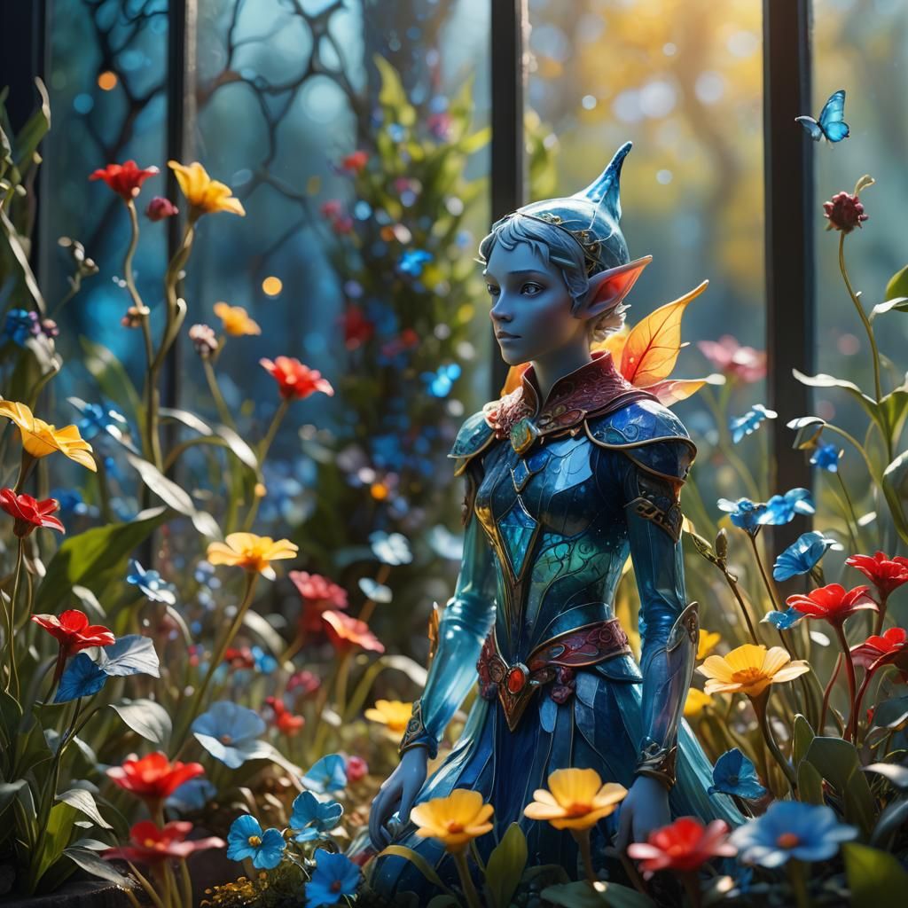 Glass Elf Figurine in Ethereal Flowerbed