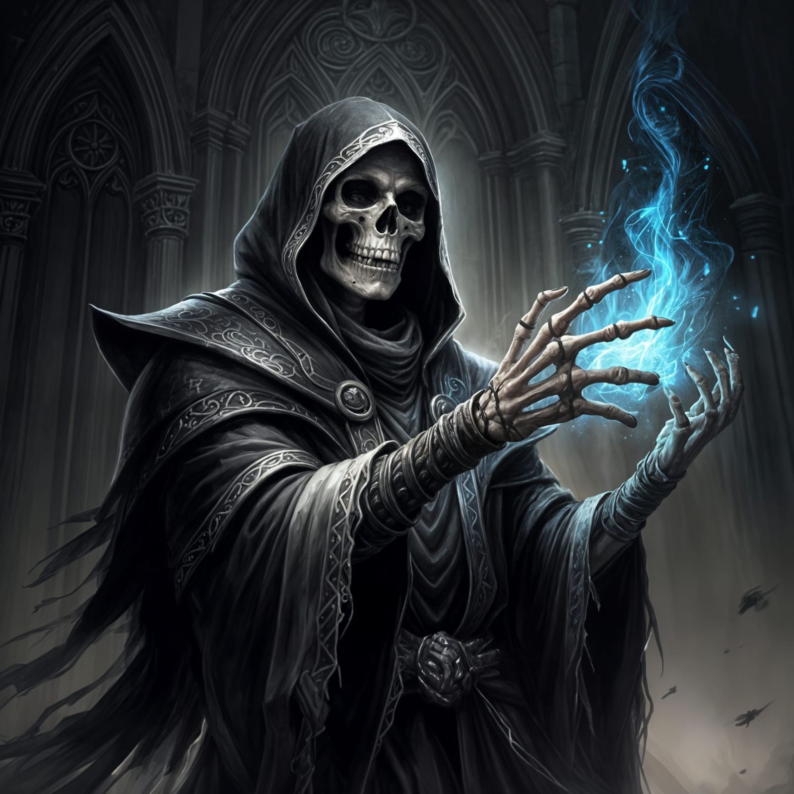 Sorcerer Skeleton in a Hooded Robe Firing a Dark Spell