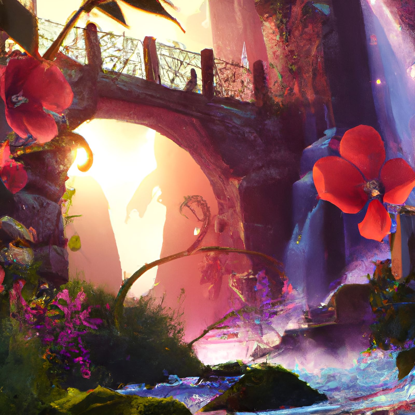 Dystopian Waterfall with Magical Bridge in Abstract Style