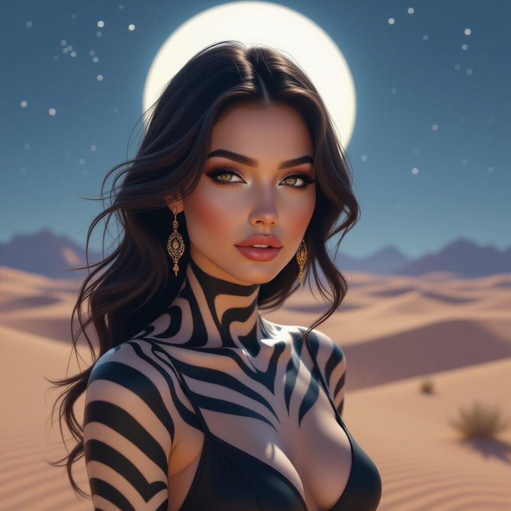 Woman with Zebra Skin in Moonlit Desert
