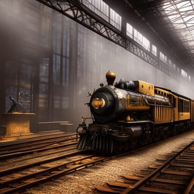 Steampunk Train on Tracks in Art Nouveau Style