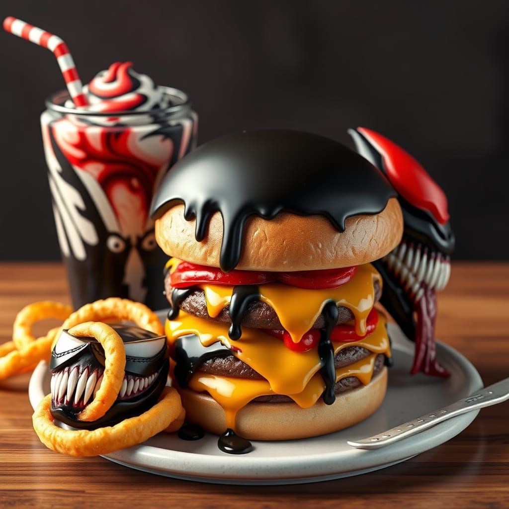 Venom-Themed Cheeseburger Meal in 3D Anime Style