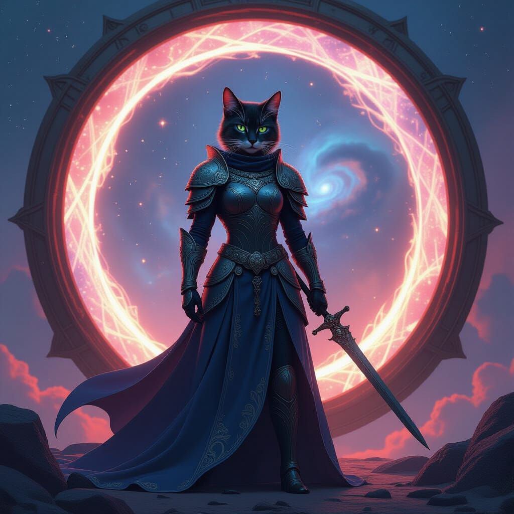 Cosmic Feline Warrior Guarding Portal in Matte Painting Styl...