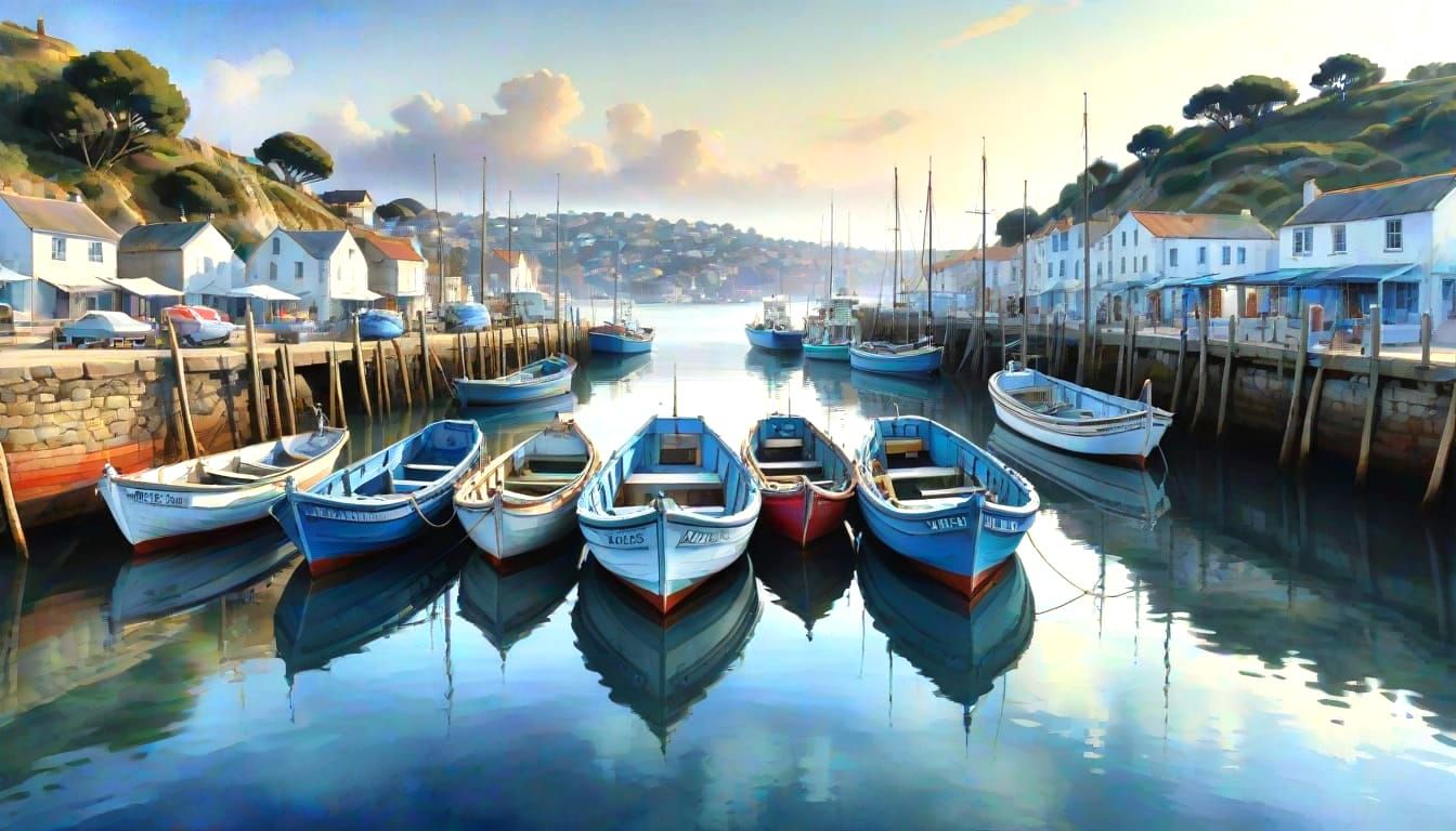 Fishing Boats in Harbor, Watercolor Style