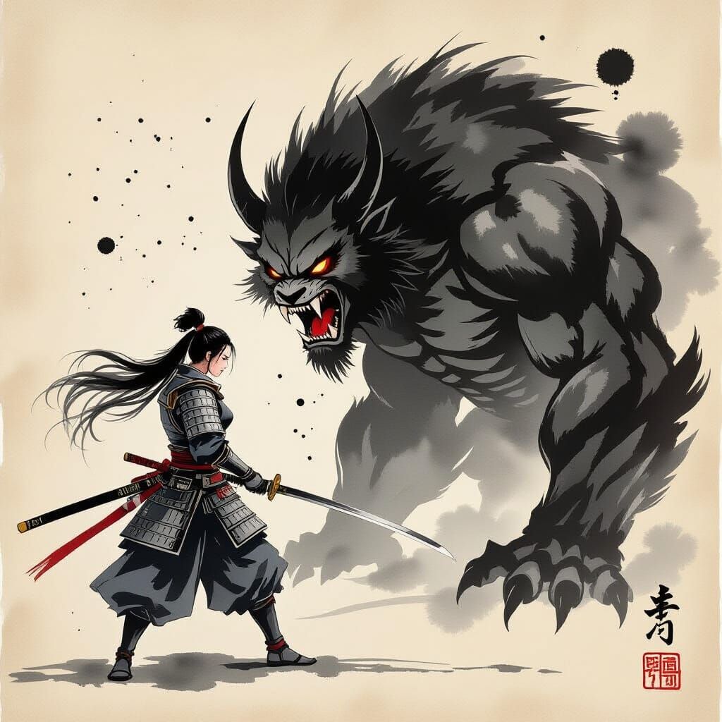 Sumi-e Samurai Warrior Faces Hulking Beast