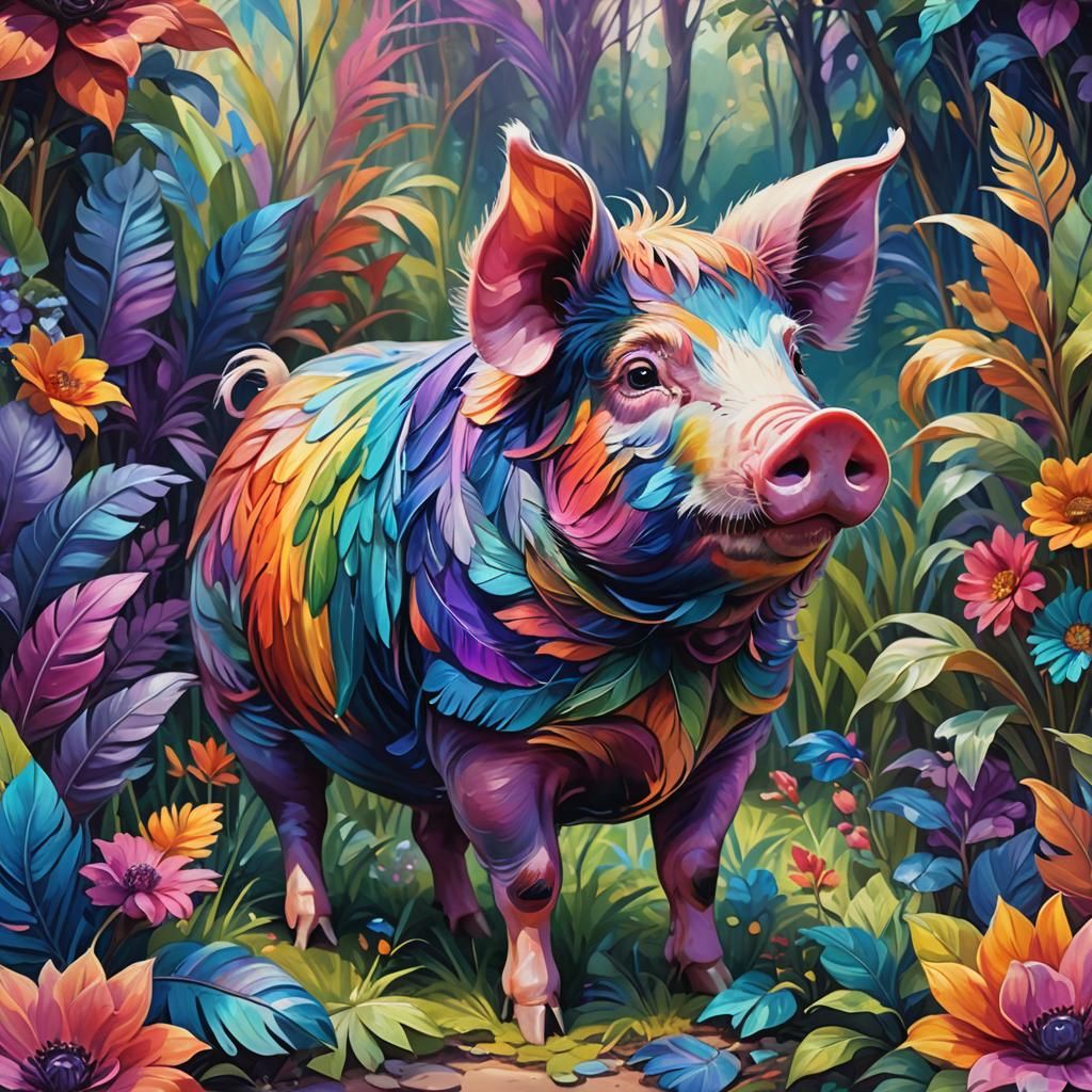 Rainbow Feathered Pig Portrait in Oil Painting Style