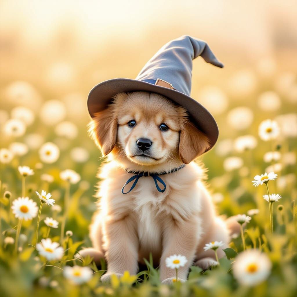 Golden Retriever Puppy as Wizard in a Daisy Field