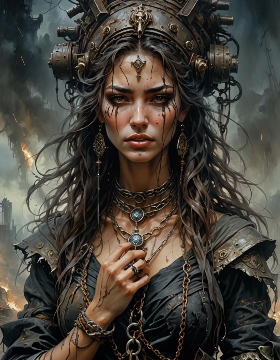 Distressed Young Woman in Post-Apocalyptic Acrylic Painting