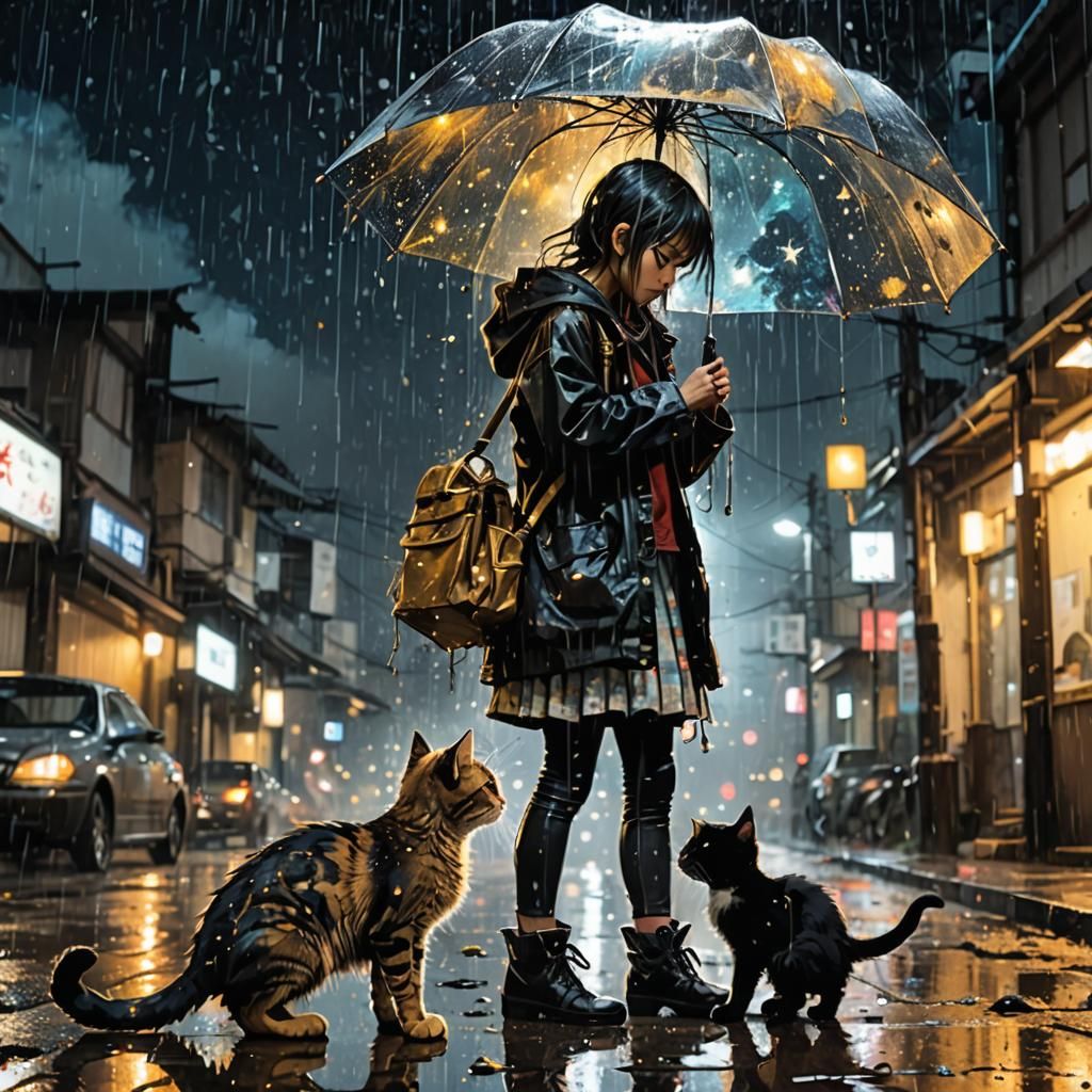 Schoolgirl and Kitten in Rainy Anime Nightscape