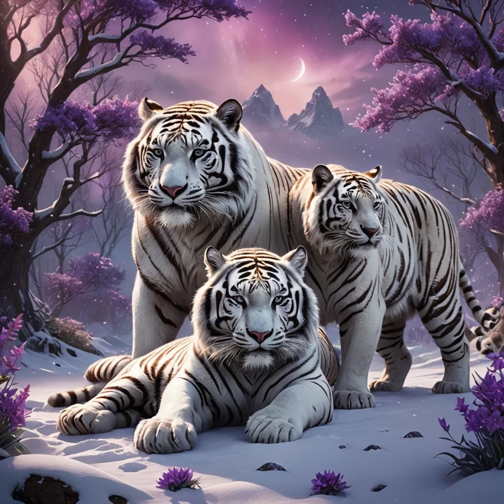 White Tiger and Bear Playing Under Aurora