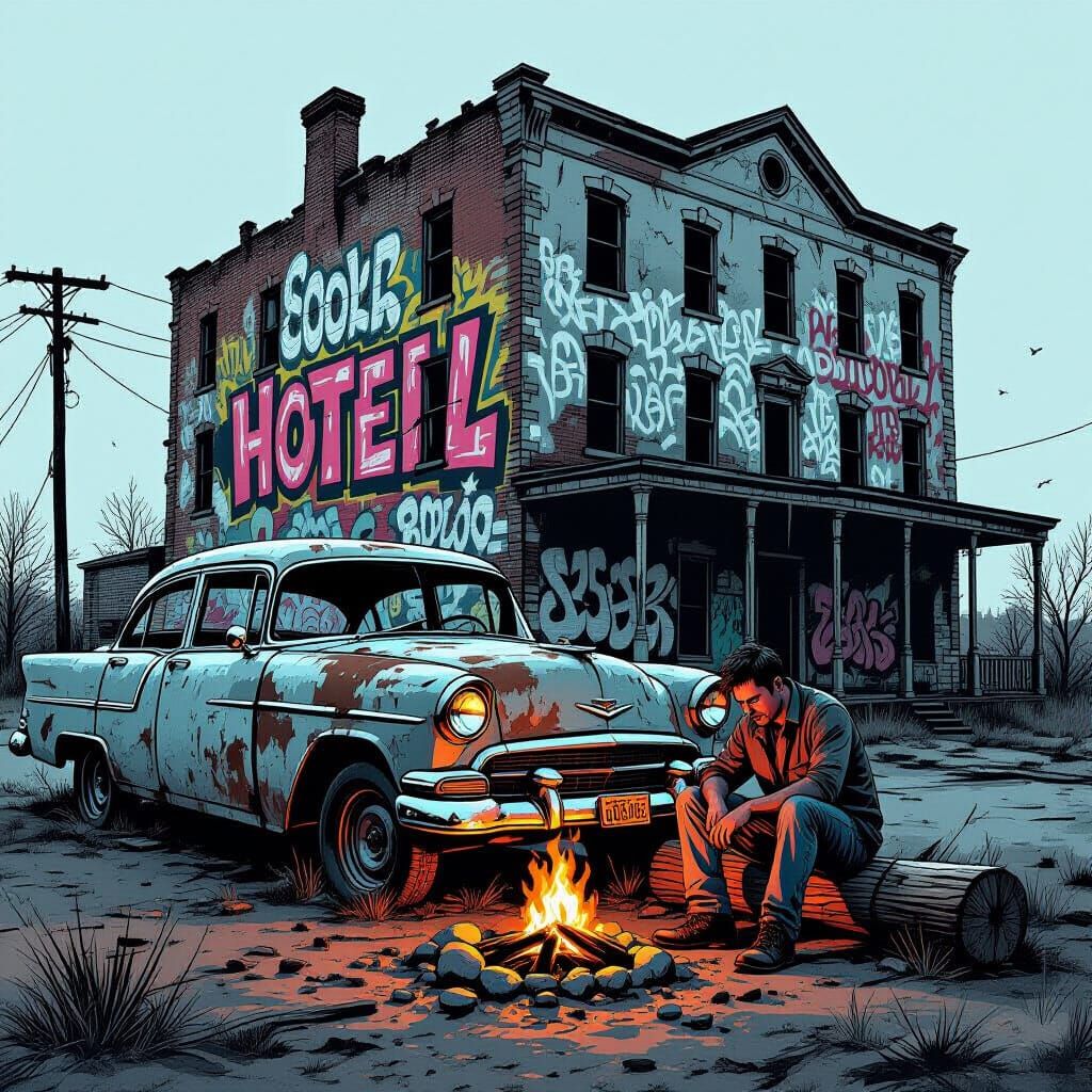 Abandoned Car and Campfire by Derelict Hotel