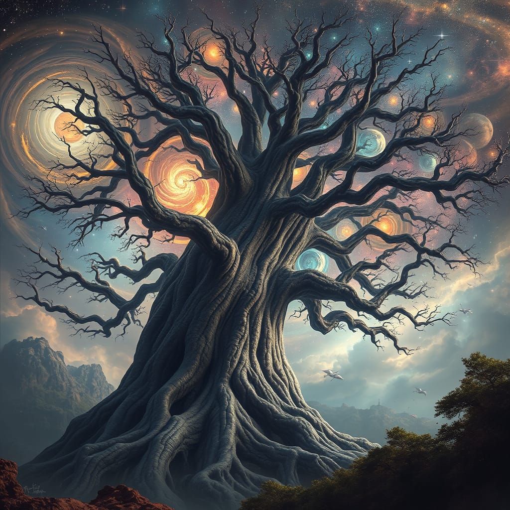 Cosmic Tree of Dimensions in Surreal Fantasy Style