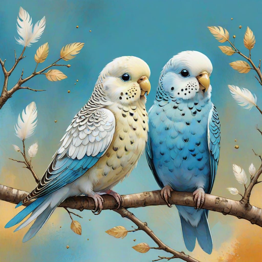 Budgie and Starlings in Oil and Ink Picture Book Style