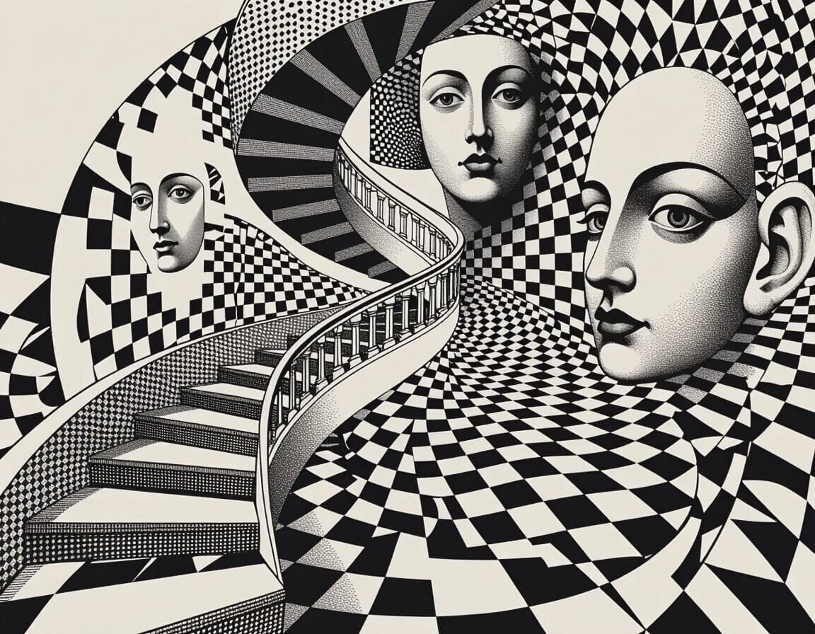 Surreal Staircase in Geometric Op Art Style