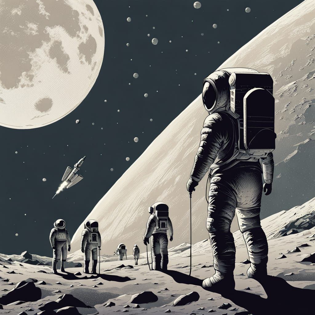 Retrofuturistic Lunar Explorers Amidst a Full Earth