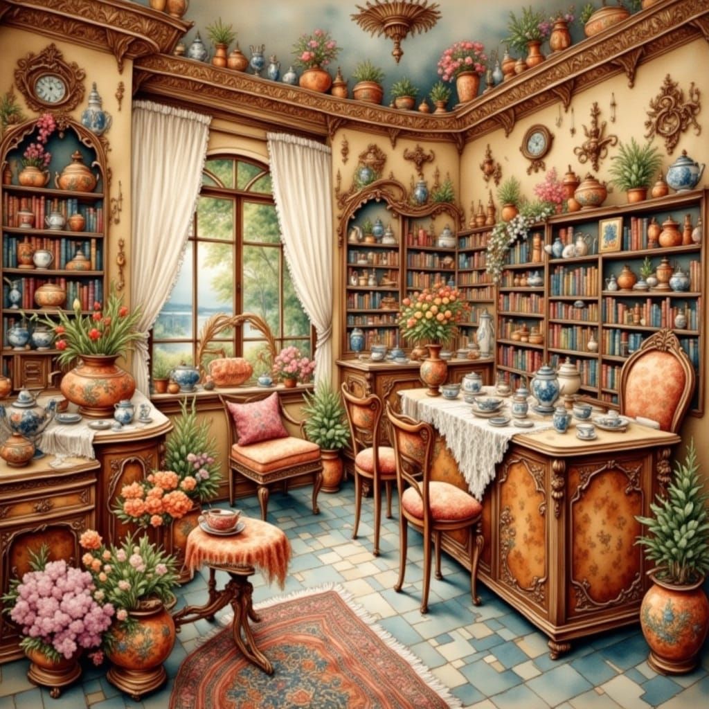 Intricately Detailed Watercolor Tea Shop Scene