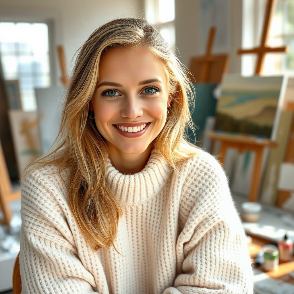 Woman Painting Portrait in Vibrant Realism Style